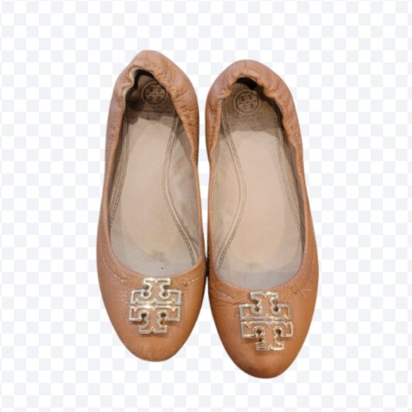 Tory Burch MELINDA Ballet Flats Leather in Royal Tan/ Gold - Picture 1 of 11